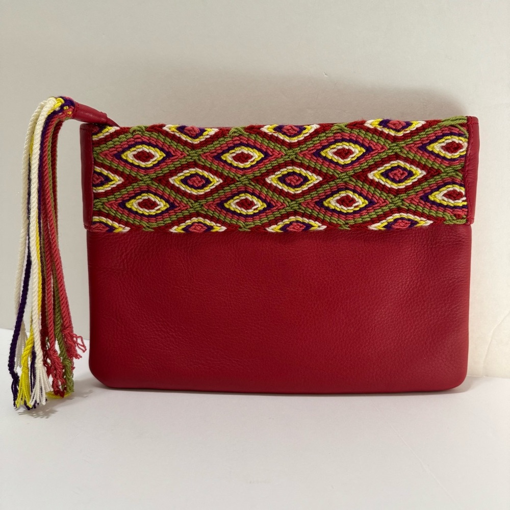 Fiori Coleccion Red Genuine Leather Embroidered Tassel Clutch Bag NWOT 10x7 Boho